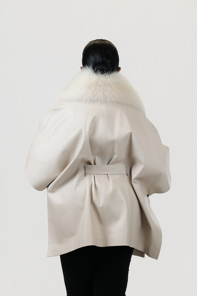 Rippe's Furs Belted Leather Poncho Jacket with Fox Fur Collar - Pearl