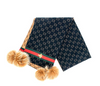 Image of Rippe's Furs Print Scarf with Embroidered Bee and Fox Fur Poms - Navy/Multicolor