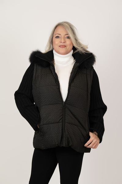 Rippe's Furs Convertible Textured Puffer Fox Fur Trim Hooded Jacket with Detachable Sleeves - Black