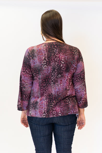Nally & Millie Abstract Animal Print 3/4 Sleeve Knit Top - Purple/Multicolor