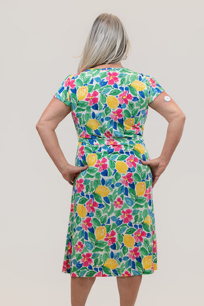 Steven Guy V Neckline Knee-Length Short Sleeve Self Tie Belted Print Dress - Green/Multicolor