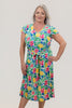 Image of Steven Guy V Neckline Knee-Length Short Sleeve Self Tie Belted Print Dress - Green/Multicolor