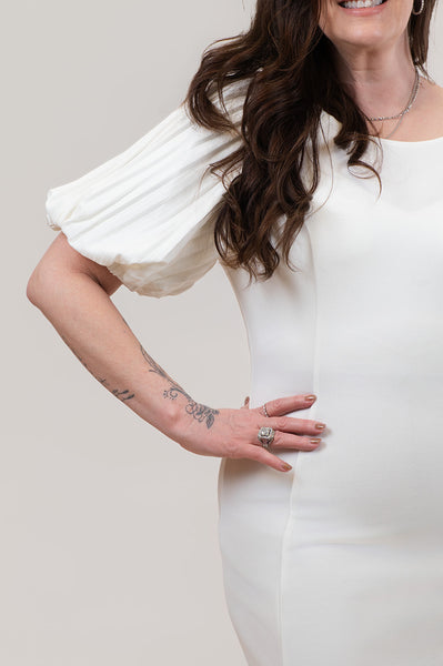 Steven Guy Pleated Short Puff Sleeve Knee Length Sheath Dress - Ivory