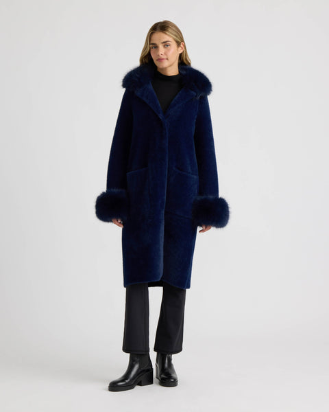 NVLT Longline Coatigan with Detachable Faux Fur Collar and Cuffs - Navy