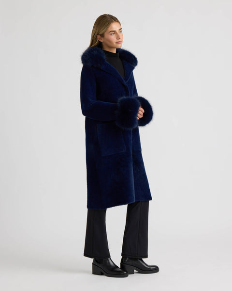 NVLT Longline Coatigan with Detachable Faux Fur Collar and Cuffs - Navy