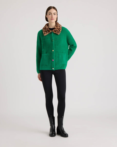 NVLT Eyelash Cropped Bomber Coatigan with Detachable Faux Fur Collar - Green