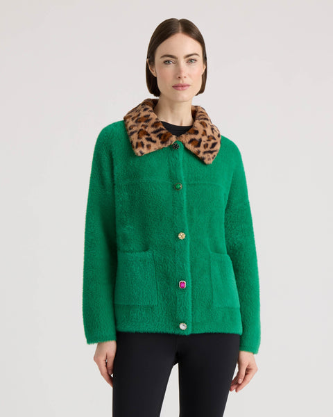 NVLT Eyelash Cropped Bomber Coatigan with Detachable Faux Fur Collar - Green