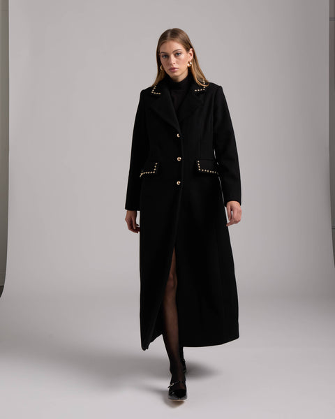 NVLT Studded Faux Wool Maxi Coat - Black