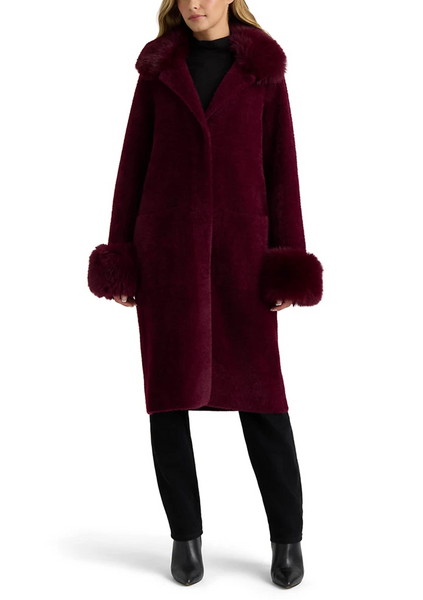 NVLT Longline Coatigan with Detachable Faux Fur Collar and Cuffs - Dark Plum