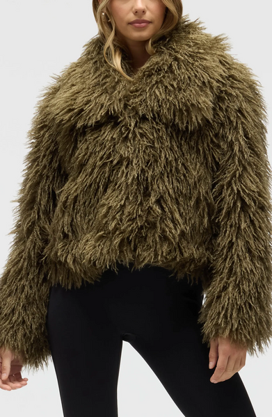 NVLT Faux Mongolian Lamb Crop Jacket - Olive