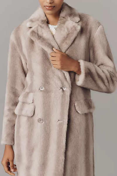 NVLT Miranda Faux Mink Double Breasted Longline Coat - Silver