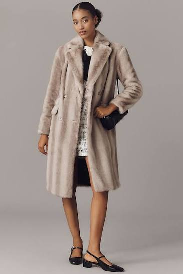 NVLT Miranda Faux Mink Double Breasted Longline Coat - Silver