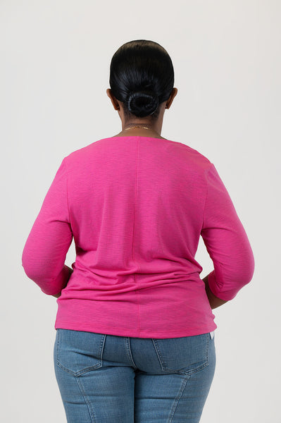 Nally & Millie Drape Neck 3/4 Sleeve Lightweight Knit Top - Hot Pink