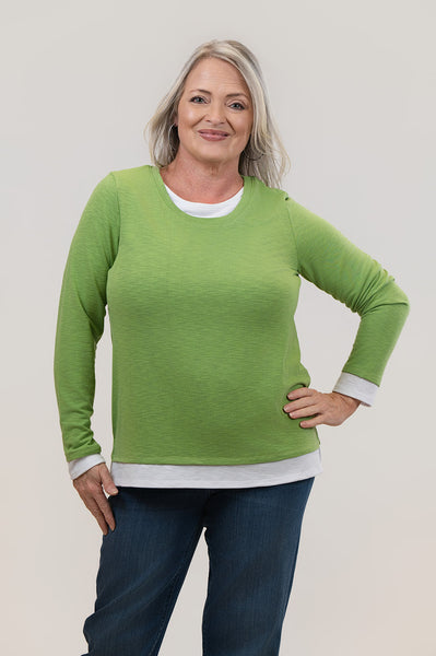 Nally & Millie Contrast Accented Long Sleeve Crew Neck Top - Apple Green