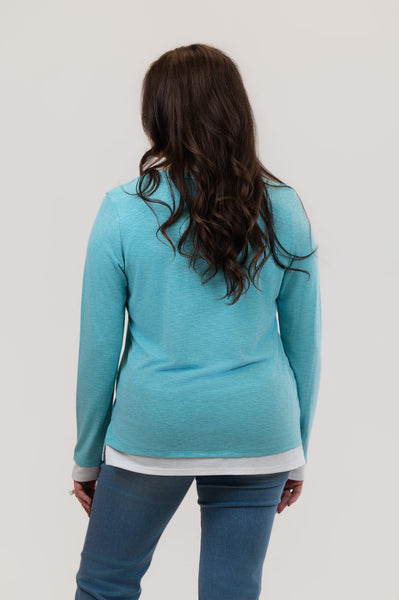 Nally & Millie Contrast Accented Long Sleeve Crew Neck Top - Aqua Blue