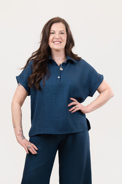 Nally & Millie Short Dolman Sleeve Boxy Polo Top - Navy