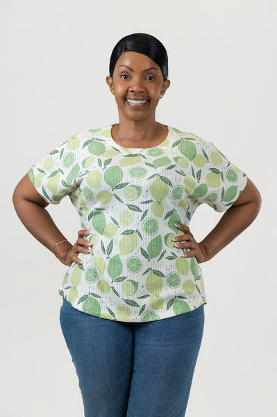 Nally & Millie Short Sleeve Pointelle Knit Lime Print Top - White/Green
