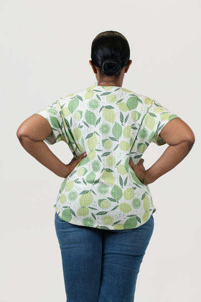 Nally & Millie Short Sleeve Pointelle Knit Lime Print Top - White/Green