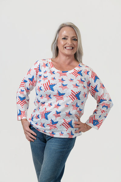 Nally & Millie American Star Print Lightweight Knit Top - White/Multicolor