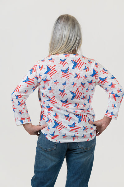 Nally & Millie American Star Print Lightweight Knit Top - White/Multicolor