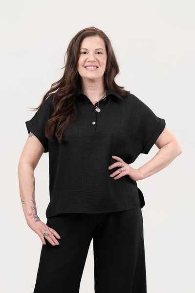 Nally & Millie Short Dolman Sleeve Boxy Polo Top - Black