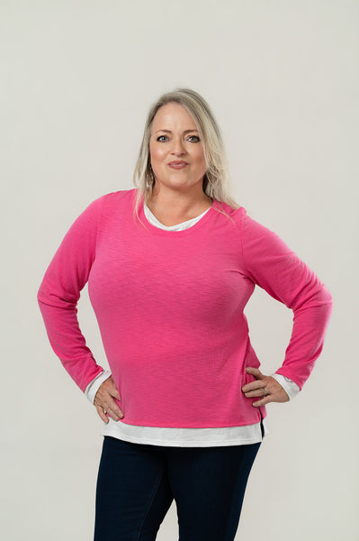 Nally & Millie Contrast Accented Long Sleeve Crew Neck Top - Magenta
