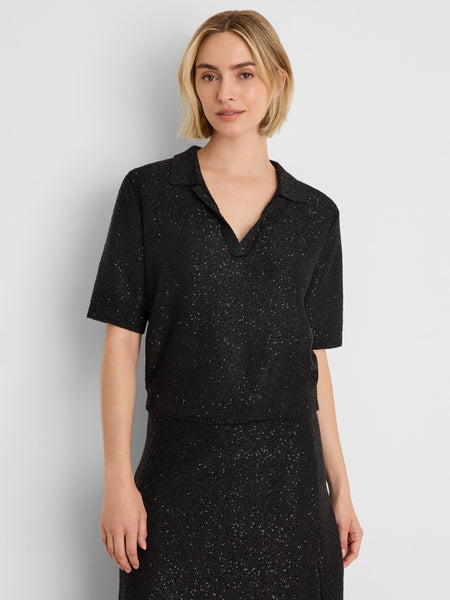 NIC+ZOE Elbow Sleeve Anytime Sequin Polo Sweater - Black Onyx