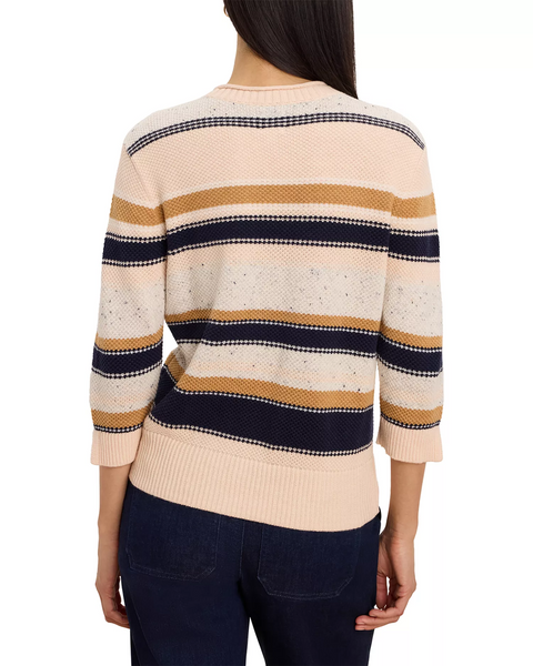 NIC+ZOE 3/4 Sleeve Mixed Stripe Knit Sweater - Cream/Multicolor