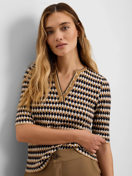 NIC+ZOE Elbow Sleeve Angled Jacquard Knit Sweater - Navy/Tan/Multicolor