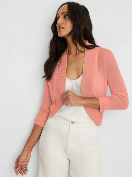 NIC+ZOE Rib Trim Open Front Lightweight Knit Bolero Cardigan Sweater - Persimmon