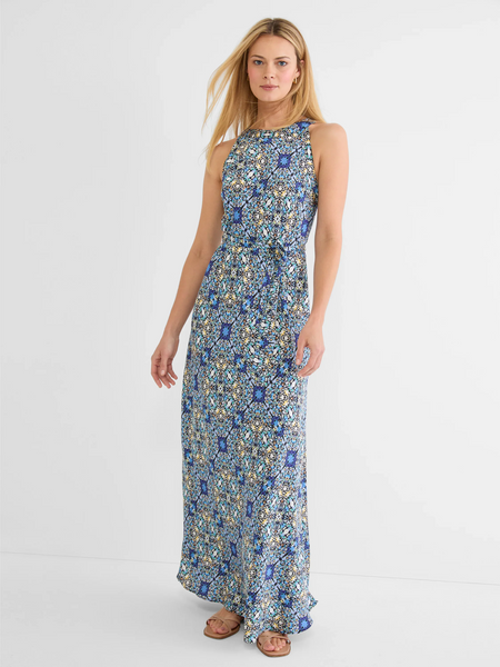 NIC+ZOE Becca Sleeveless Filagree Tile Print Belted Maxi Dress - Blue/Multicolor