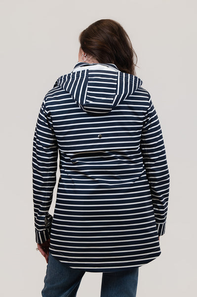 Oopera Snap & Zip Front Closure Hooded Striped Rain Jacket - Navy/White