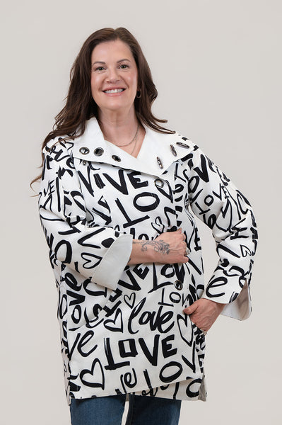 Oopera Toggle Front Closure Reversible Love Print Hooded Raincoat - White/Black