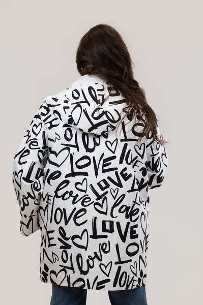 Oopera Toggle Front Closure Reversible Love Print Hooded Raincoat - White/Black