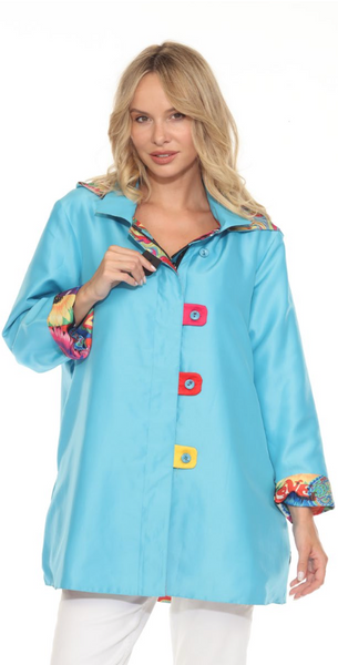 Oopera Reversible Hooded Raincoat - Aqua/Multicolor