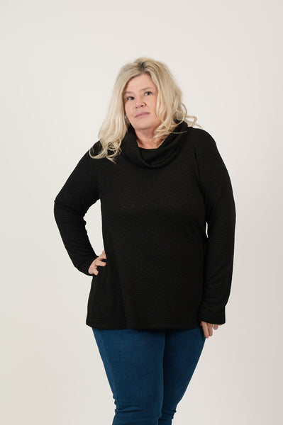 Pure Essence Long Sleeve Cowl Neck Crinkle Tunic - Black