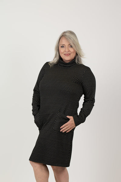 Pure Essence Dotted Jacquard Cowl Neck Tunic Dress - Black/Ivory
