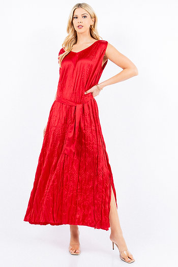 Paparazzi Pleated Crinkle Satin Sleeveless Midi Dress - Red