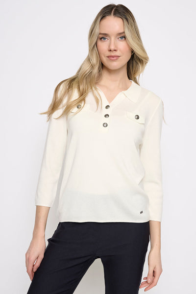 Picadilly Johnny Collar Sweater Top with Metal Buttons - Off White