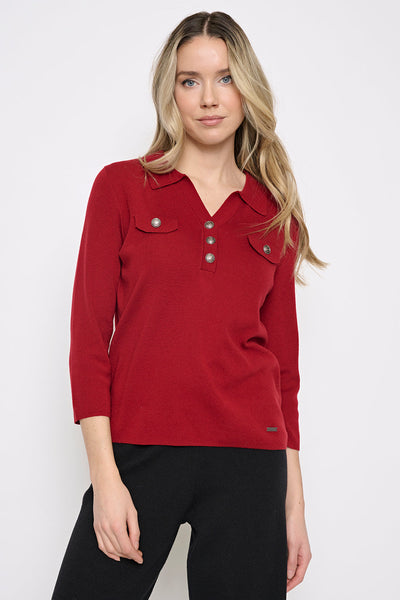 Picadilly Johnny Collar Sweater Top with Metal Buttons - Ribbon Red