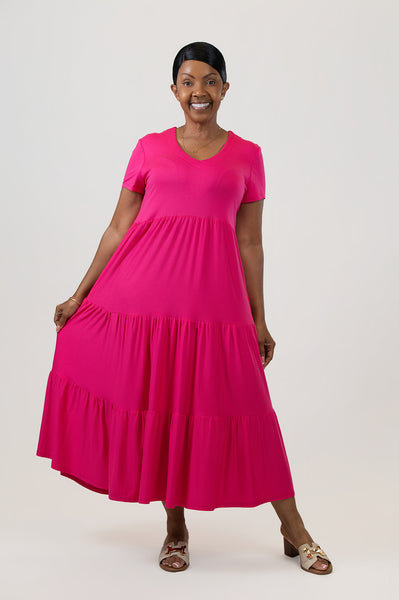 Pure Essence Short Sleeve V-Neck Tiered Bamboo Midi Dress - Tulip Pink
