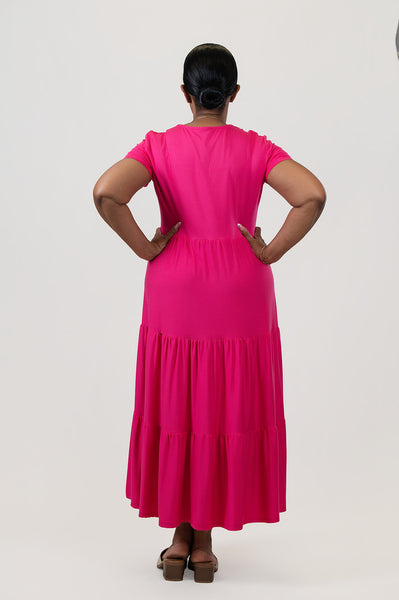 Pure Essence Short Sleeve V-Neck Tiered Bamboo Midi Dress - Tulip Pink