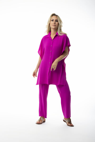 Pure Essence Short Sleeve Button Front Kaftan Blouse - Magenta