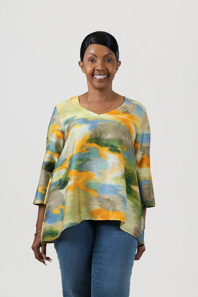 Pure Essence Abstract Print Wide Sleeve V-Neck Top - Sunset Coast Multicolor