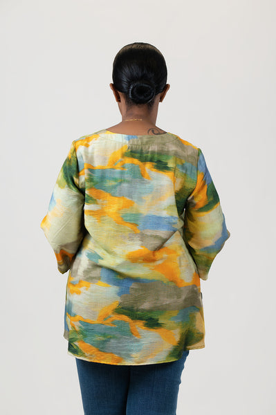 Pure Essence Abstract Print Wide Sleeve V-Neck Top - Sunset Coast Multicolor