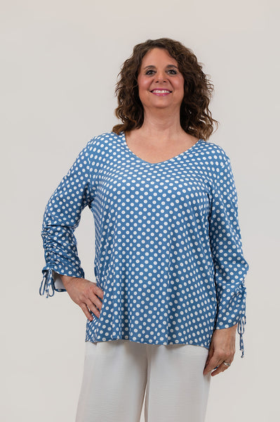 Pure Essence Polka Dot Print Cinch Sleeve V-Neck Top - Chambray Blue/White