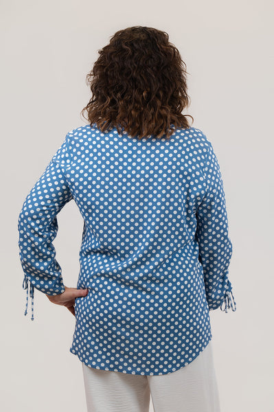 Pure Essence Polka Dot Print Cinch Sleeve V-Neck Top - Chambray Blue/White