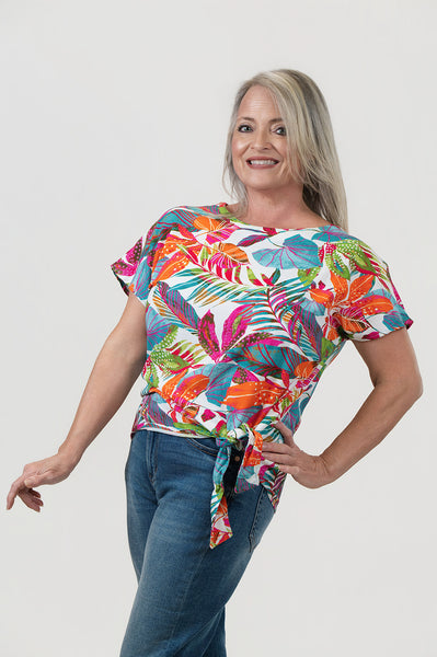 Pure Essence Tropical Leaf Print Short Sleeve Side Tie Top - White/Multicolor