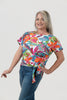 Image of Pure Essence Tropical Leaf Print Short Sleeve Side Tie Top - White/Multicolor