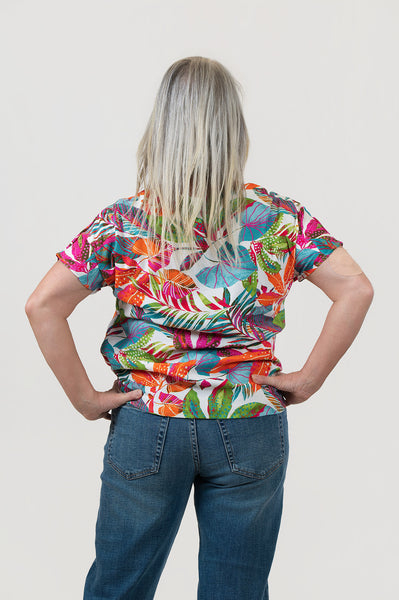 Pure Essence Tropical Leaf Print Short Sleeve Side Tie Top - White/Multicolor